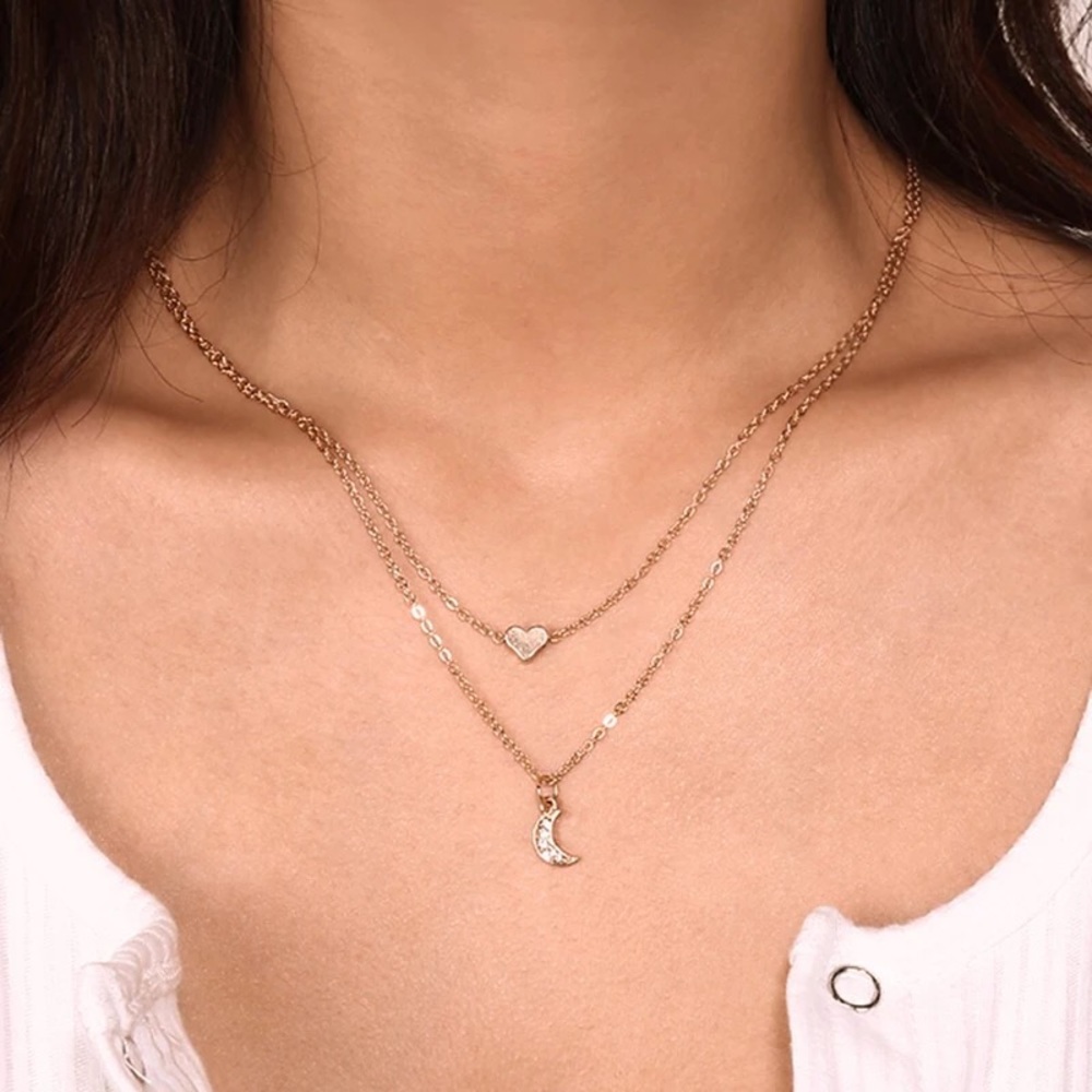 🎉 New Layered Moon & Heart Gold Plated Necklace